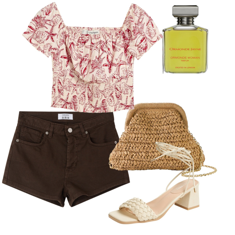 Outfit donna - Giugno. Stile Casual chic per Tutti i giorni. Abbinamento con borse a tracolla, camicie, profumi, sandali alla schiava, shorts.