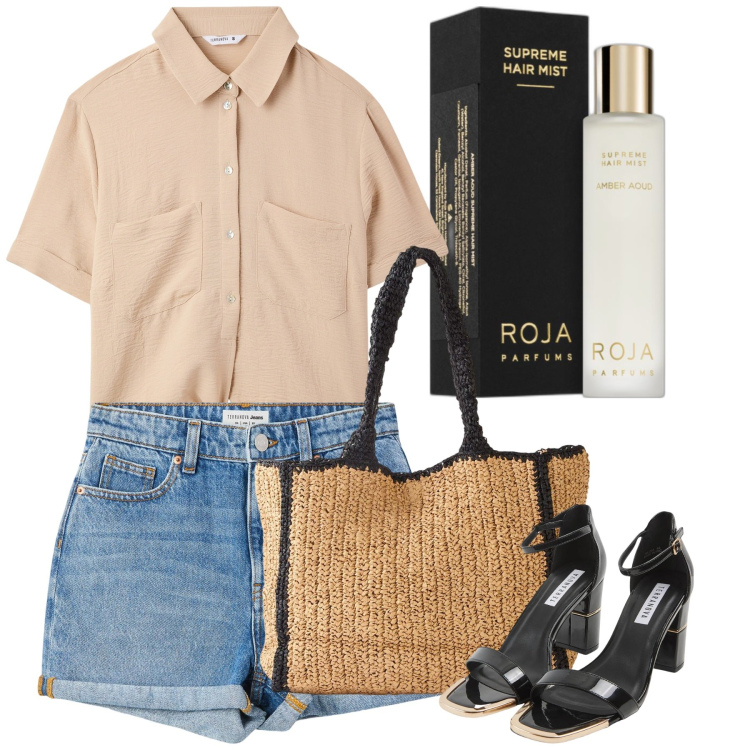 Outfit donna - Shorts e tacchi. Stile Casual chic per Tutti i giorni. Abbinamento con shopping bag, profumi, sabot, shorts, camicie a manica corta.