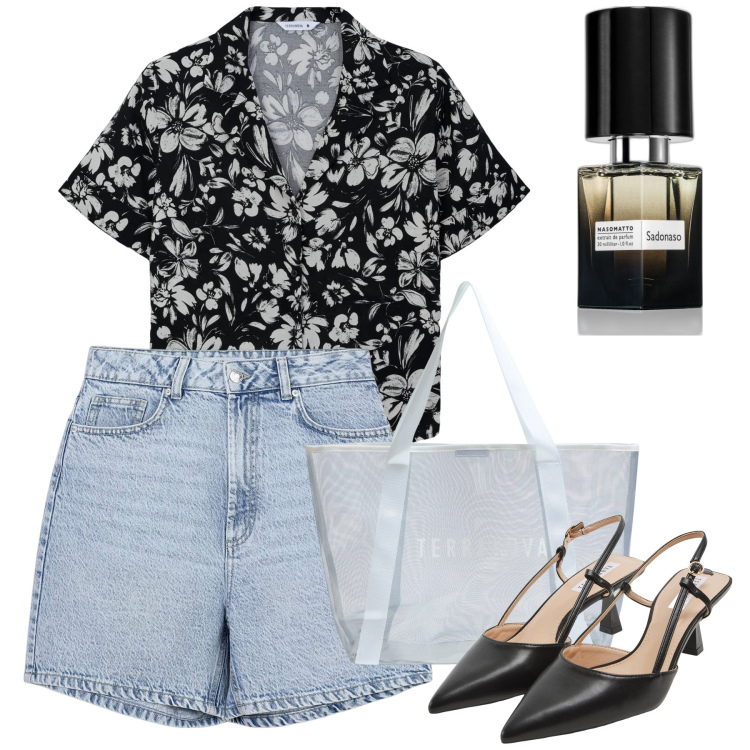 Outfit donna - Giugno slingback. Stile Casual chic per Tutti i giorni. Abbinamento con profumi, camicie a manica corta, sabot, bermuda, shopping bag.