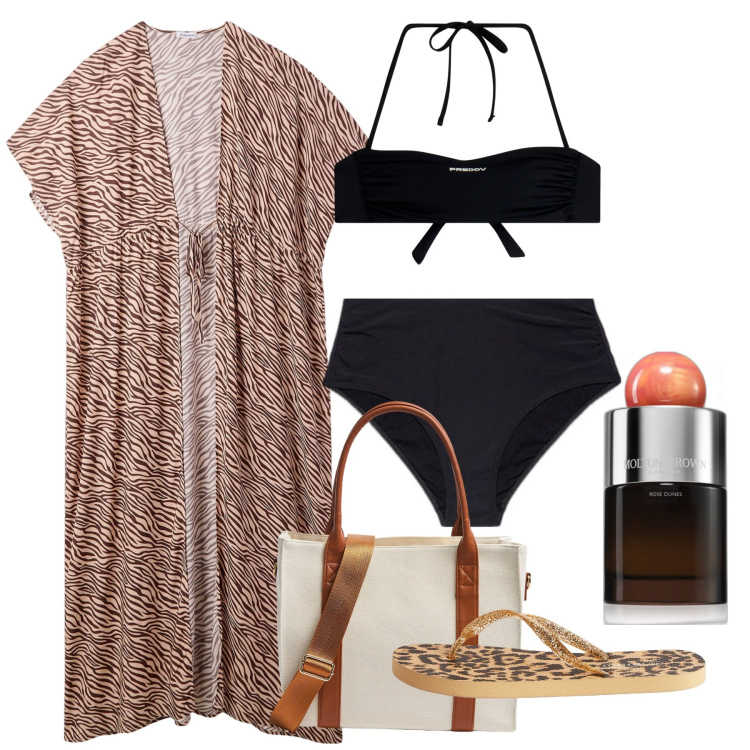 Outfit donna - Aperitivo in spiaggia. Stile Chic per Mare. Abbinamento con profumi, caftani, infradito, shopping bag, bikini, bikini.