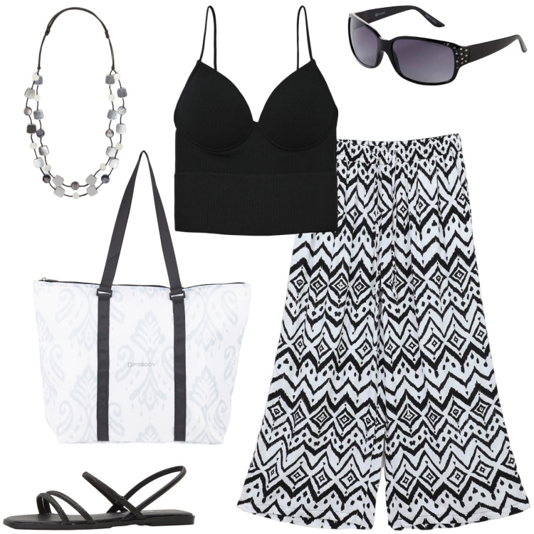 Outfit donna - Geometrie. Stile Basic per Tutti i giorni. Abbinamento con sandali, occhiali da sole, pantaloni a palazzo, top, shopping bag, collane.