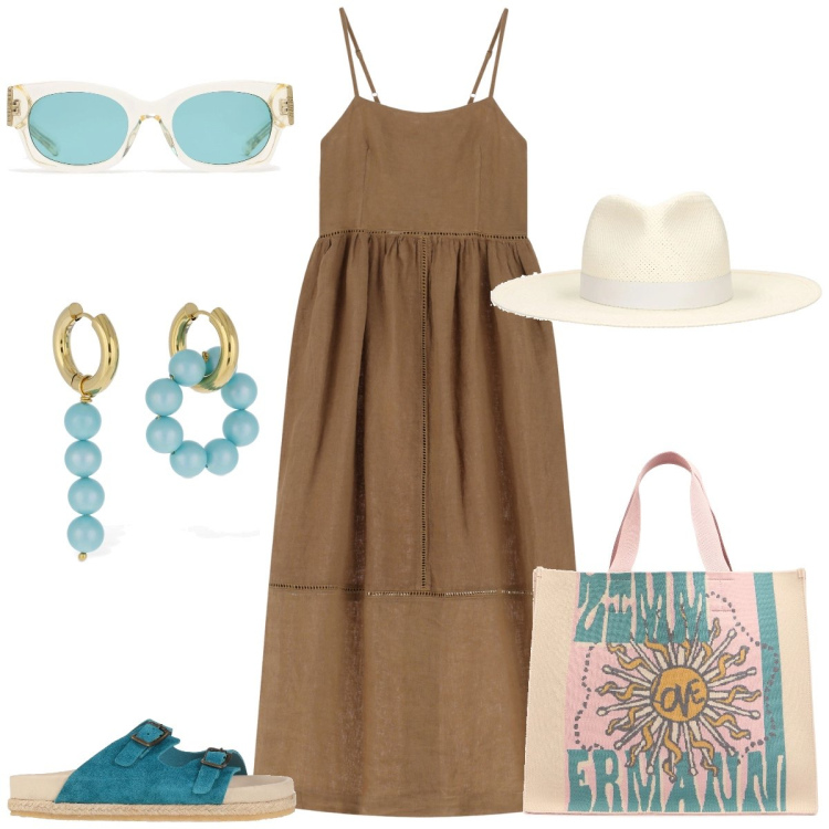 Outfit donna - In vacanza. Stile Boho per Tutti i giorni. Abbinamento con sandali in pelle, vestiti lunghi, orecchini, shopping bag, cappelli, occhiali da sole.