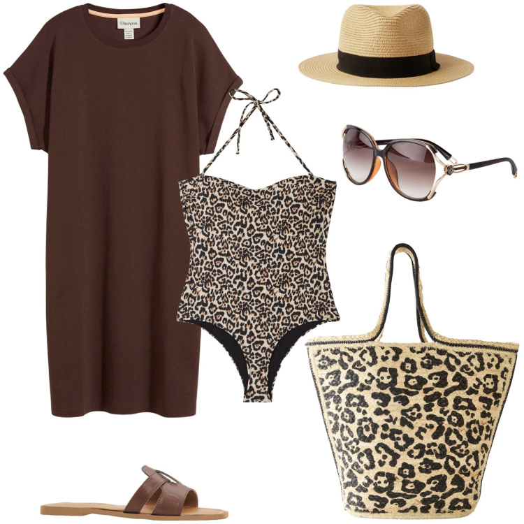 Outfit donna - Leopardo in spiaggia. Stile Trendy per Mare. Abbinamento con occhiali da sole, vestiti corti, shopping bag, ciabatte, costumi interi, cappelli.