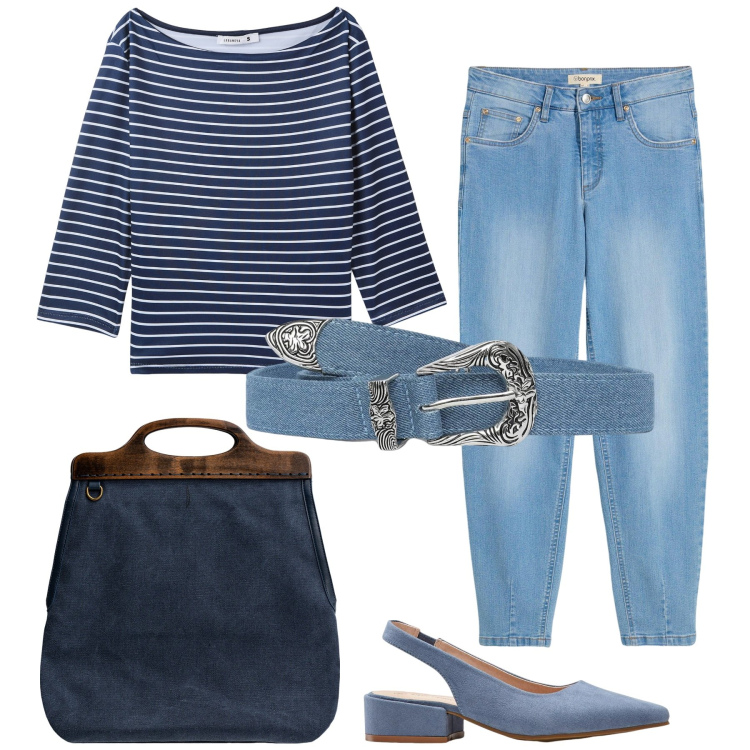Outfit donna - Le serate fresche d\'estate. Stile Casual per Serata fuori. Abbinamento con décolleté, jeans, cinture, t-shirt, borse a tracolla.