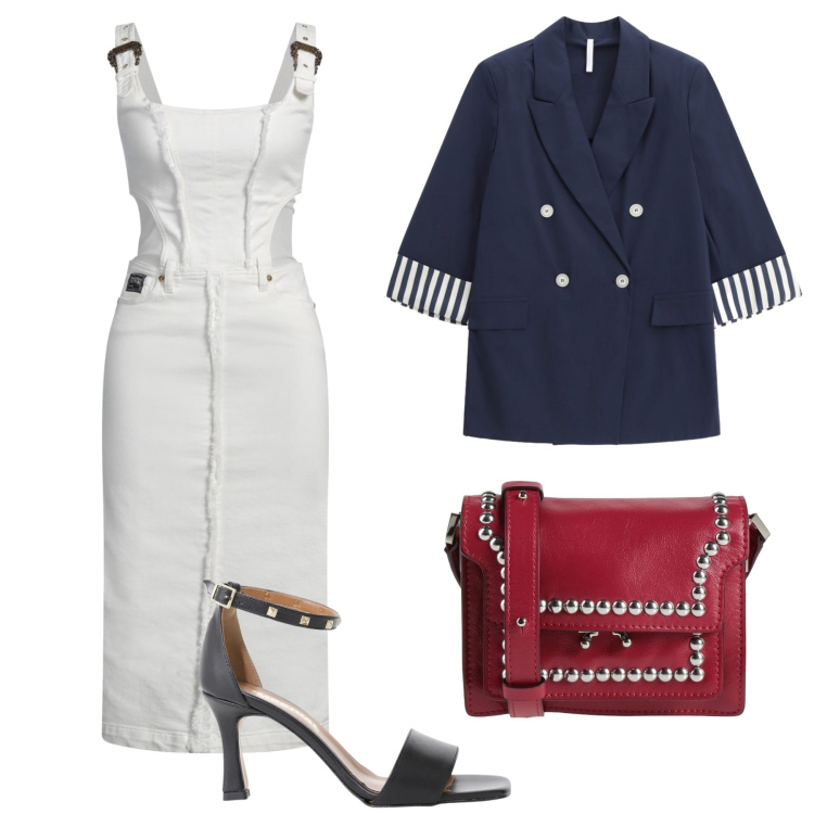 Outfit donna - La domenica. Stile Casual chic per Tutti i giorni. Abbinamento con vestiti midi/longuette, borse a tracolla, blazer, sandali col tacco.