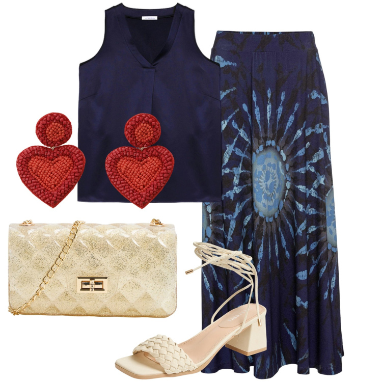 Outfit donna - Total look #2191933. Stile Etnico per Serata fuori. Abbinamento con gonne, borse a tracolla, sandali alla schiava, orecchini, top.