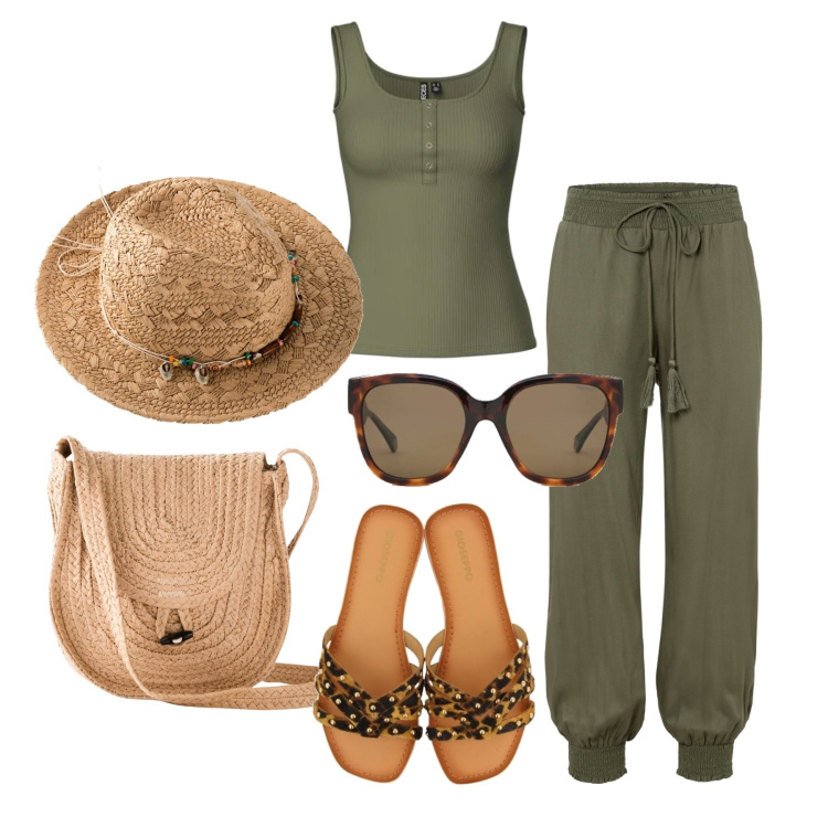 Outfit femme - Juin. Style Casual pour Tous les jours. Assortir avec pantalon , sacs en bandoulière, chapeaux, sandales, débardeurs à bretelles, lunettes de soleil.