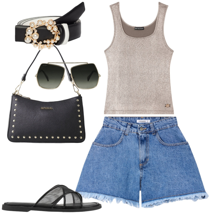 Outfit donna - City. Stile Casual chic per Tutti i giorni. Abbinamento con occhiali da sole, sandali, shorts, borse a spalla, canottiere, cinture.