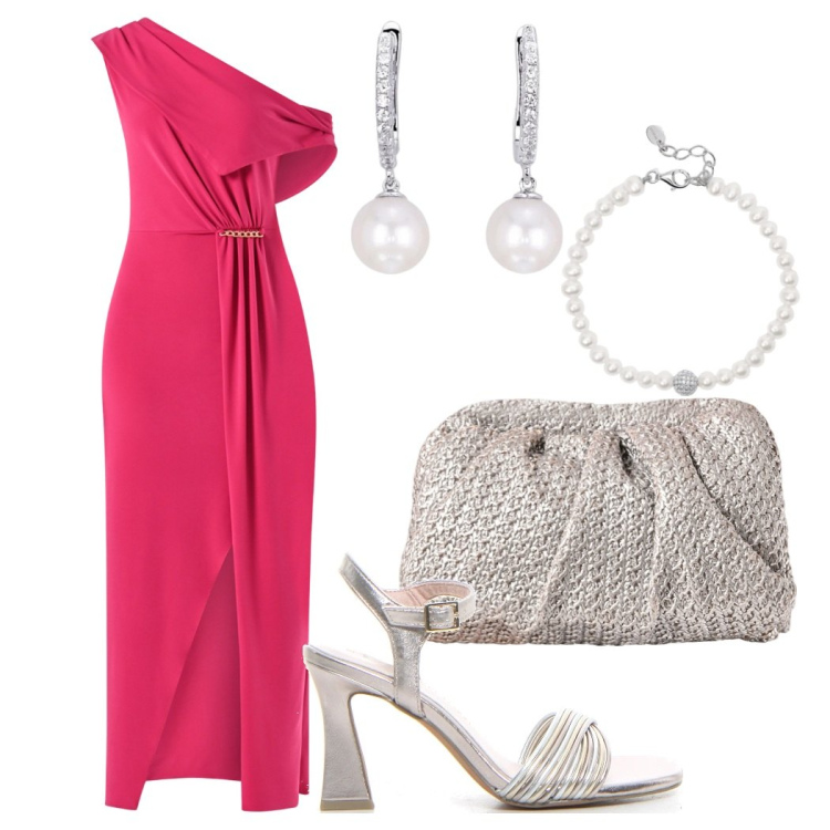 Outfit donna - Valorizza le tue forme - curvy. Stile Bon Ton per Cerimonia. Abbinamento con braccialetti, orecchini, vestiti lunghi, clutch, sandali col tacco.