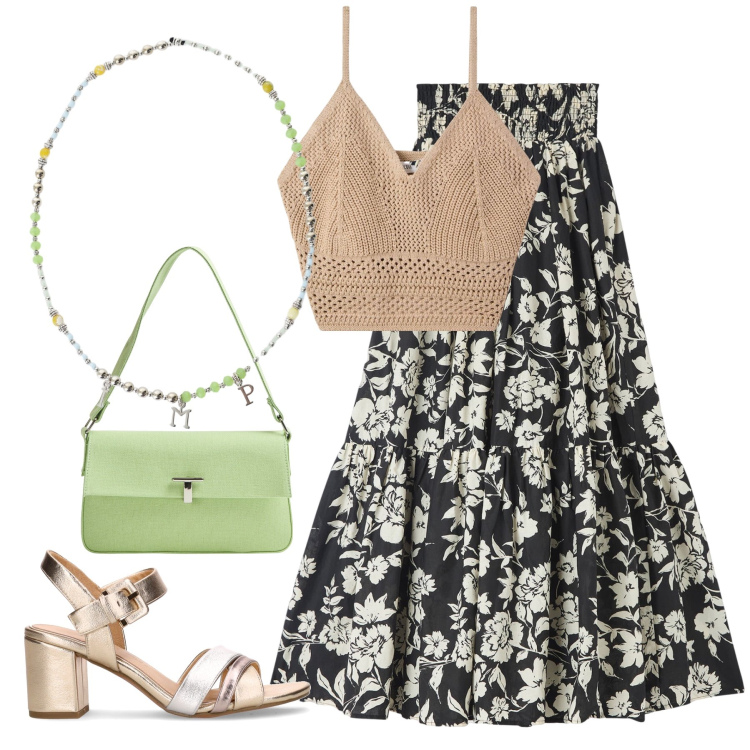 Outfit donna - Total look #2191964. Stile Boho per Tutti i giorni. Abbinamento con gonne lunghe, top, borse a spalla, collane, sandali col tacco.