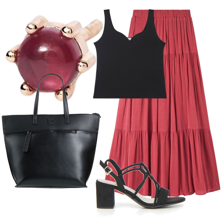 Outfit donna - Total look #2191973. Stile Boho per Tutti i giorni. Abbinamento con borse a mano, canottiere, gonne lunghe, orecchini, sandali col tacco.