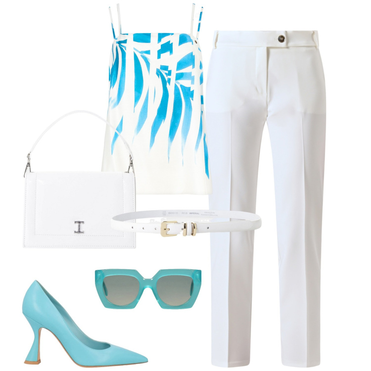 Outfit donna - City. Stile Urban per Tutti i giorni. Abbinamento con décolleté, occhiali da sole, pantaloni, top, borse a tracolla, cinture.