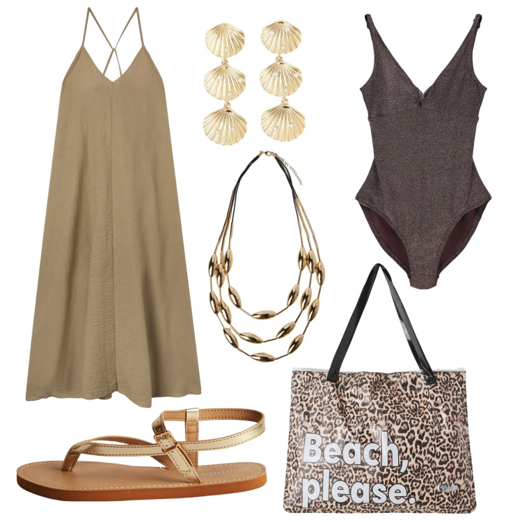 Outfit donna - Marrone e beige. Stile Glamour per Mare. Abbinamento con vestiti lunghi, orecchini, borse tote, costumi interi, ciabatte, collane.