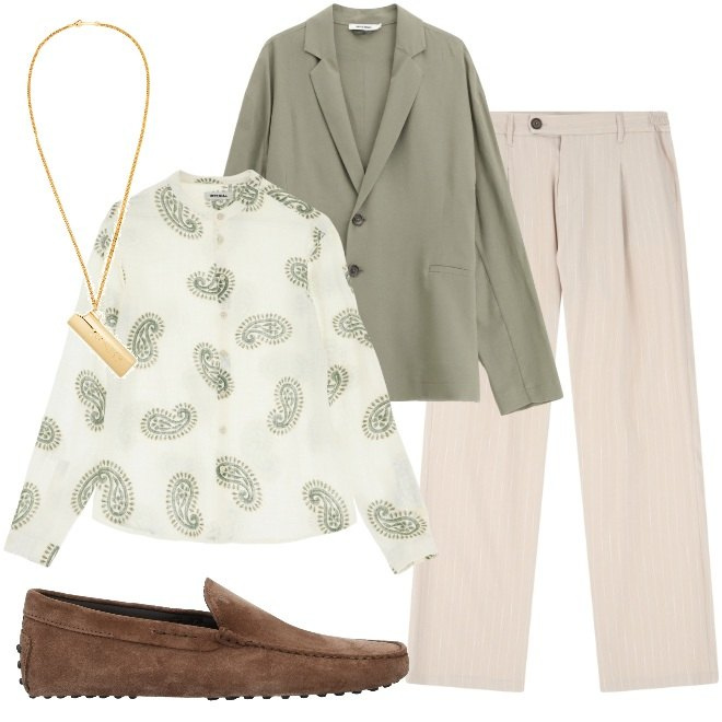 Outfit uomo - Giacca verde per la cerimonia-. Stile Trendy per Cerimonia. Abbinamento con collane, scarpe stringate, pantaloni, giacche, camicie.