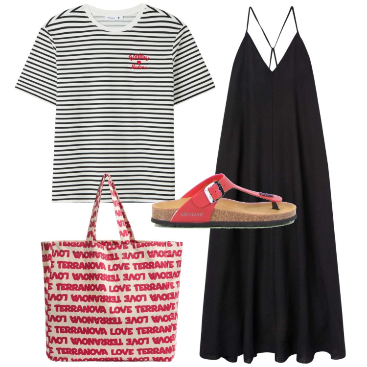 Outfit donna - La tshirt sotto. Stile Casual chic per Tutti i giorni. Abbinamento con vestiti lunghi, t-shirt, borse tote, infradito.
