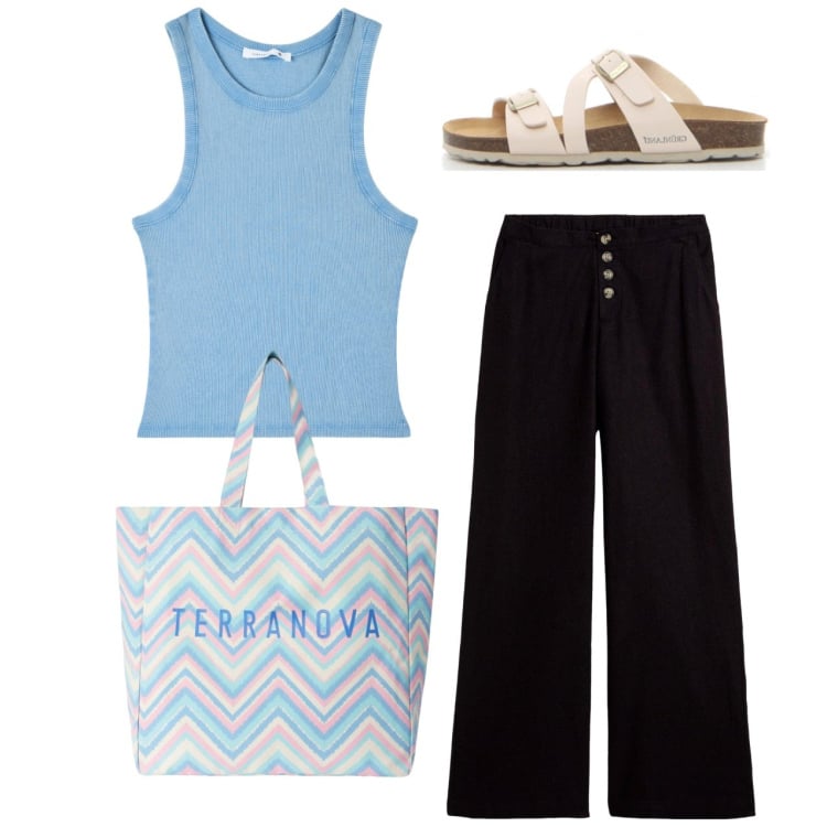 Outfit donna - Total look. Stile Casual per Tutti i giorni. Abbinamento con pantaloni a palazzo, canottiere, borse tote, ciabatte.