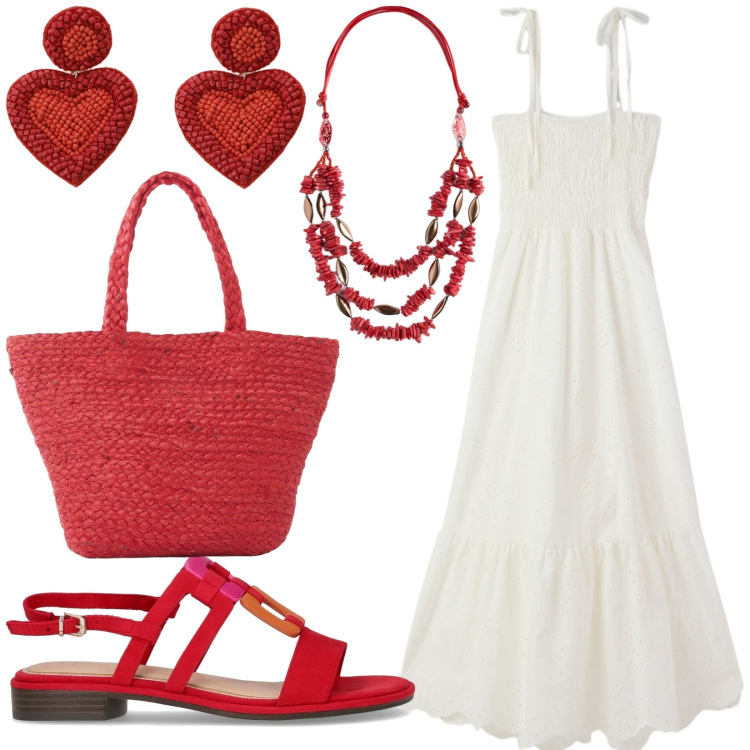 Outfit donna - Un tocco di rosso. Stile Casual chic per Tutti i giorni. Abbinamento con shopping bag, vestiti midi/longuette, orecchini, collane, sandali.