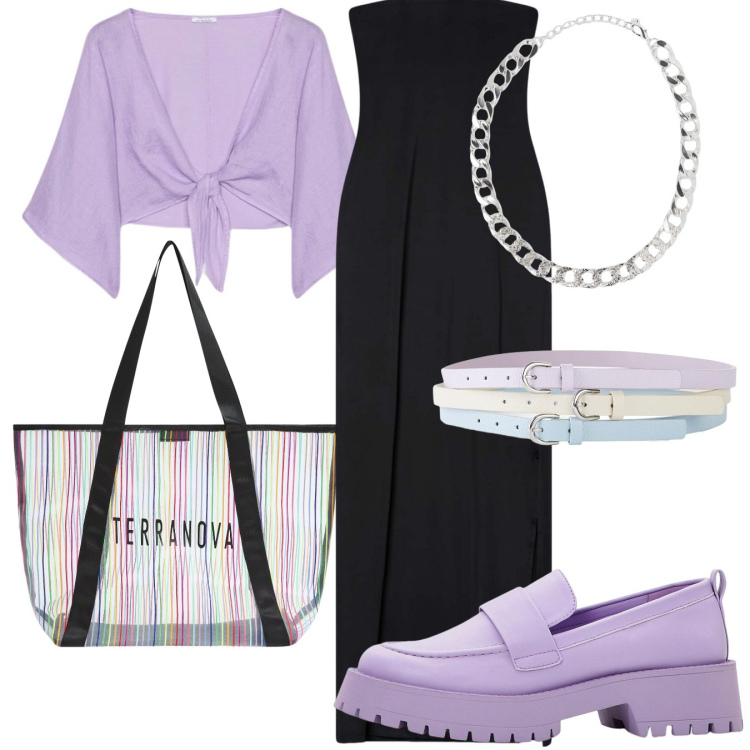 Outfit donna - Vestito lungo nero. Stile Casual per Serata fuori. Abbinamento con cinture, mocassini, collane, vestiti lunghi, shopping bag, bolero.