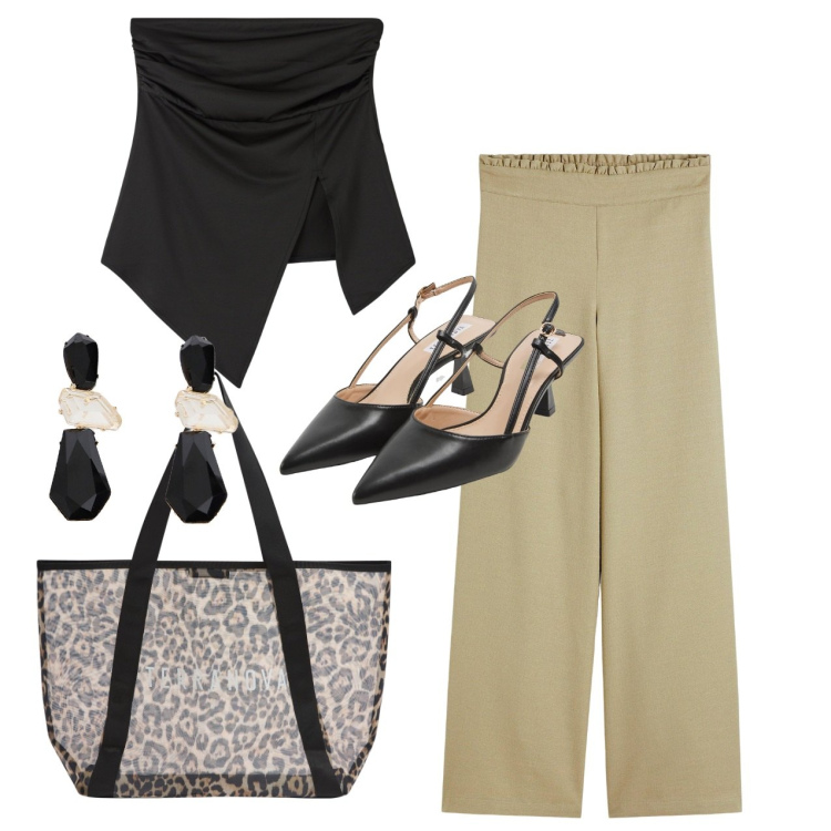Outfit donna - Serata chic. Stile Chic per Serata fuori. Abbinamento con pantaloni a palazzo, top, sabot, shopping bag, orecchini.