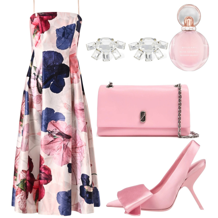 Outfit donna - Pink lady. Stile Chic per Cerimonia. Abbinamento con décolleté, profumi, vestiti midi/longuette, pochette, orecchini.