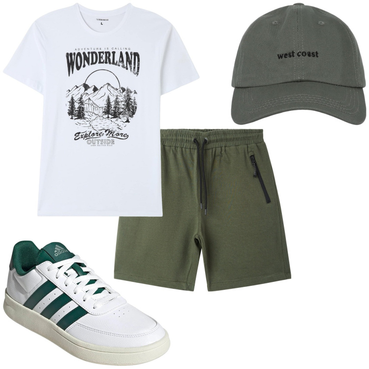 Outfit uomo - Pomeriggio di sole. Stile Urban per Tutti i giorni. Abbinamento con bermuda, t-shirt, cappelli con visiera, sneakers.