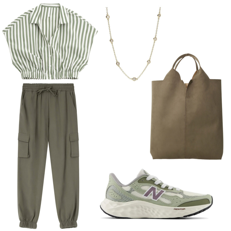Outfit donna - Pronta per partire. Stile Urban Abbinamento con collane, sneakers, camicie a manica corta, pantaloni, shopping bag.