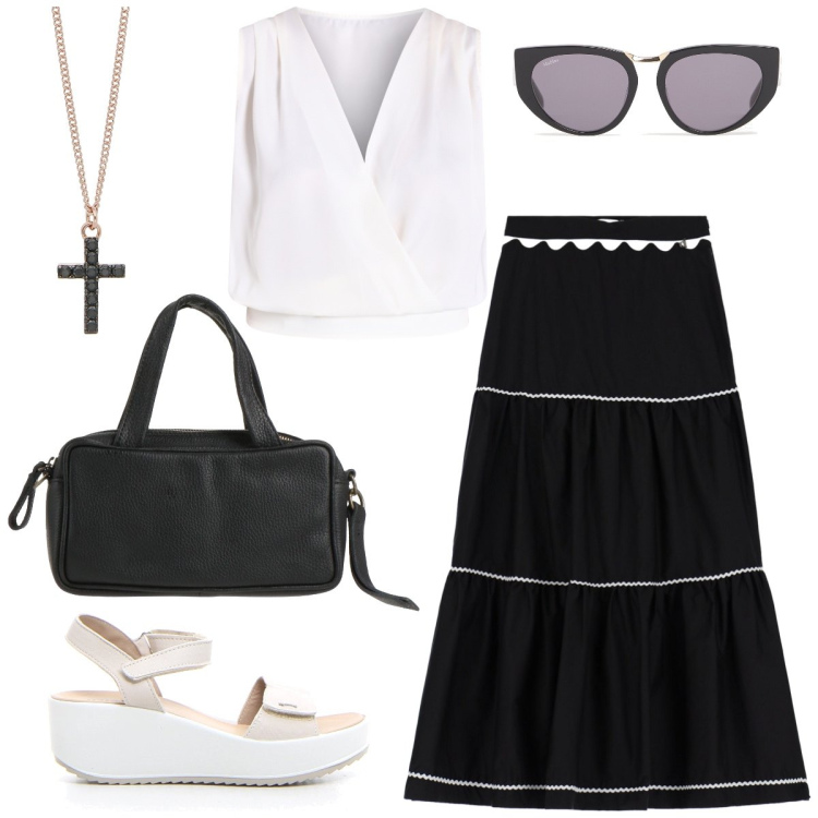 Outfit donna - In bianco e nero. Stile Boho per Tutti i giorni. Abbinamento con borse a mano, gonne lunghe, collane, top, occhiali da sole, sandali.