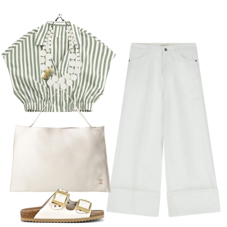 Outfit donna - Weekend al mare. Stile Basic per Tutti i giorni. Abbinamento con camicie a manica corta, borse a spalla, pantaloni, sandali, ciondoli.