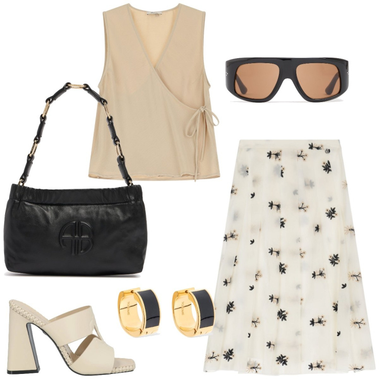 Outfit donna - Pomeriggio con le amiche. Stile Casual chic per Tutti i giorni. Abbinamento con sandali in pelle, top, gonne, borse a spalla, orecchini, occhiali da sole.
