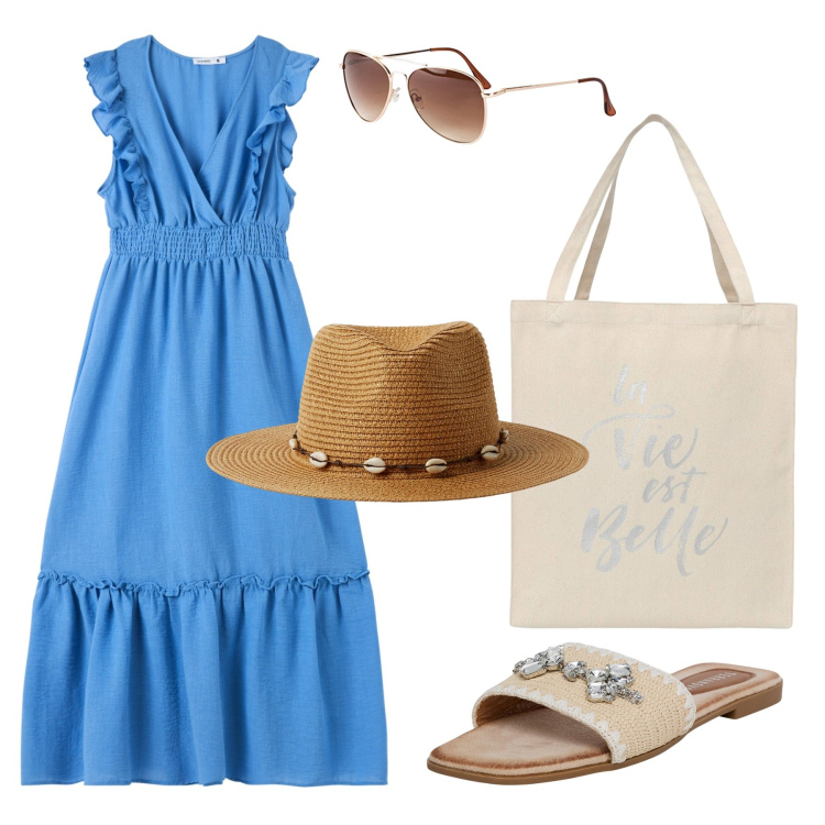 Outfit donna - Terranova stile. Stile Glamour per Mare. Abbinamento con occhiali da sole, vestiti lunghi, ciabatte, borse tote, cappelli.