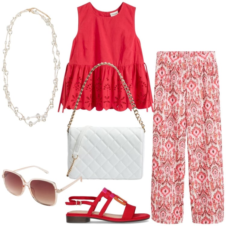 Outfit donna - Città d’arte. Stile Casual per Tutti i giorni. Abbinamento con top, pantaloni, occhiali da sole, borse a tracolla, sandali, collane.
