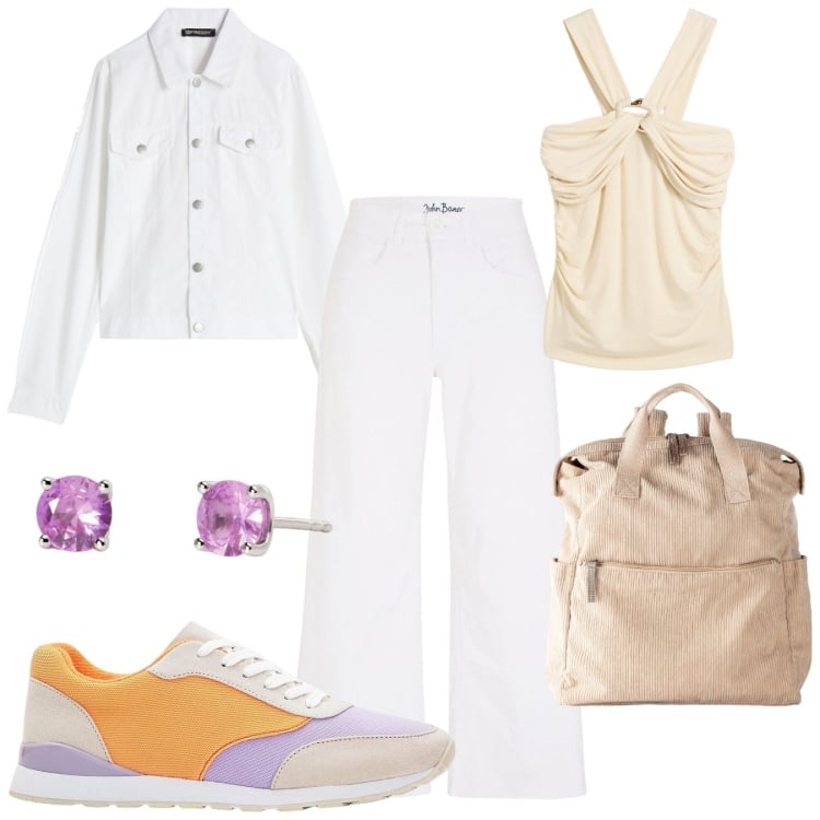 Outfit donna - Jeans bianco. Stile Casual per Tutti i giorni. Abbinamento con jeans, zaini, sneakers, top, orecchini, blazer.