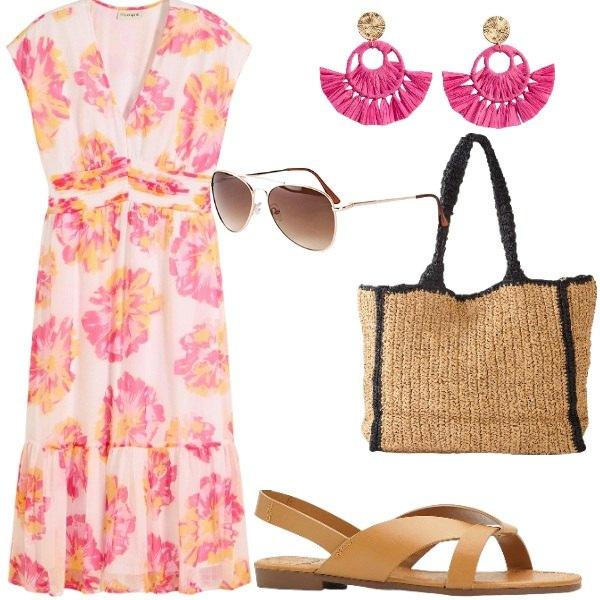 Outfit donna - A spasso per la città. Stile Casual per Tutti i giorni. Abbinamento con vestiti midi/longuette, sandali, orecchini, occhiali da sole, shopping bag.