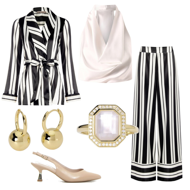 Outfit donna - Total look #2192061. Stile Chic per Cerimonia. Abbinamento con anelli, orecchini, pantaloni a palazzo, top, blazer, décolleté.