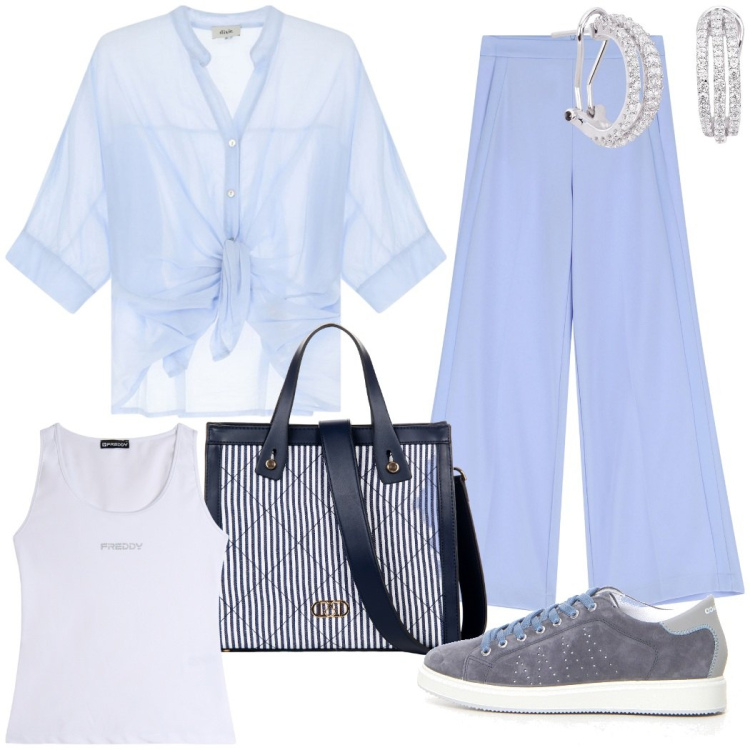Outfit donna - In viaggio. Stile Casual chic per Tutti i giorni. Abbinamento con orecchini, shopping bag, pantaloni a palazzo, canottiere, camicie, sneakers.