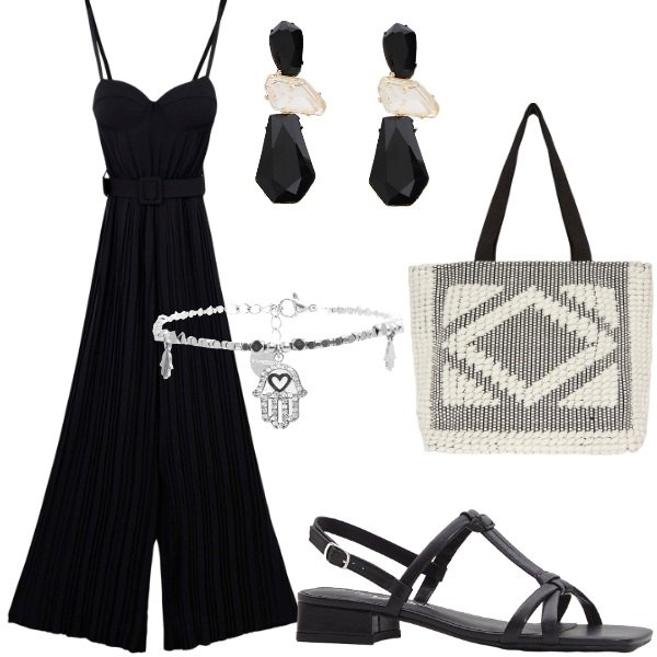 Outfit donna - Serata tra amici. Stile Casual per Serata fuori. Abbinamento con sandali col tacco, tute, braccialetti, orecchini, shopping bag.