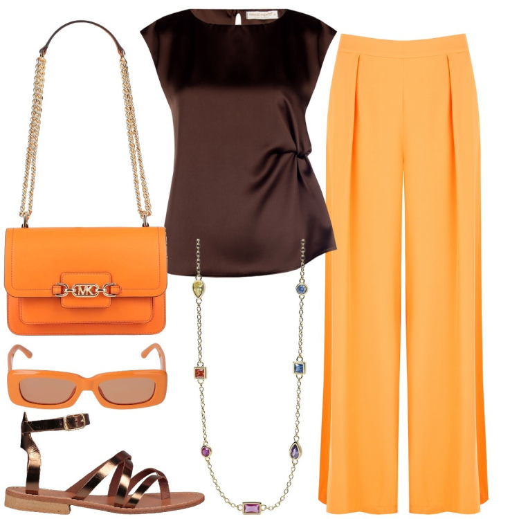 Outfit donna - I pantaloni arancio. Stile Chic per Tutti i giorni. Abbinamento con infradito, borse a spalla, collane, top, pantaloni, occhiali da sole.