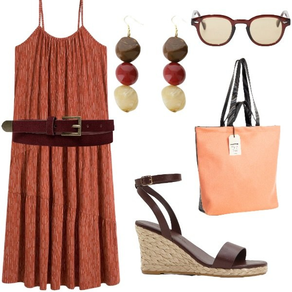 Outfit donna - A spasso per la città. Stile Casual per Tutti i giorni. Abbinamento con sandali, vestiti, borse tote, occhiali da sole, orecchini, cinture.