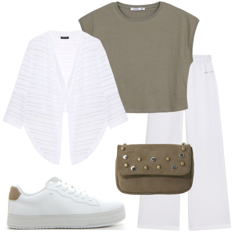 Outfit donna - Look da viaggio. Stile Casual per Tutti i giorni. Abbinamento con t-shirt, pantaloni, borse a tracolla, bolero, sneakers.