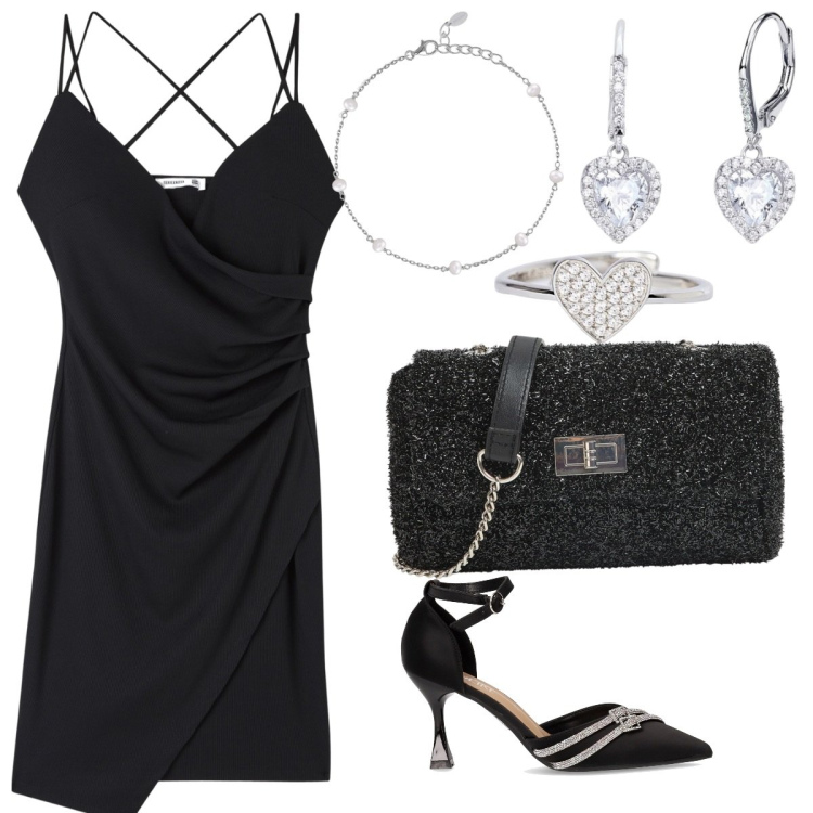 Outfit donna - L\'eleganza. Stile Glamour per Cerimonia. look ideale per Tall. Abbinamento con borse a tracolla, vestiti, orecchini, anelli, braccialetti, décolleté.