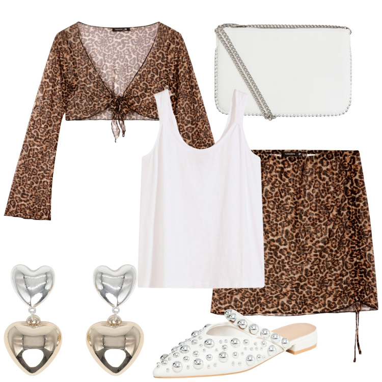 Outfit donna - Leopard summer. Stile Sexy per Tutti i giorni. Abbinamento con canottiere, orecchini, bolero, ballerine, minigonne, borse a tracolla.
