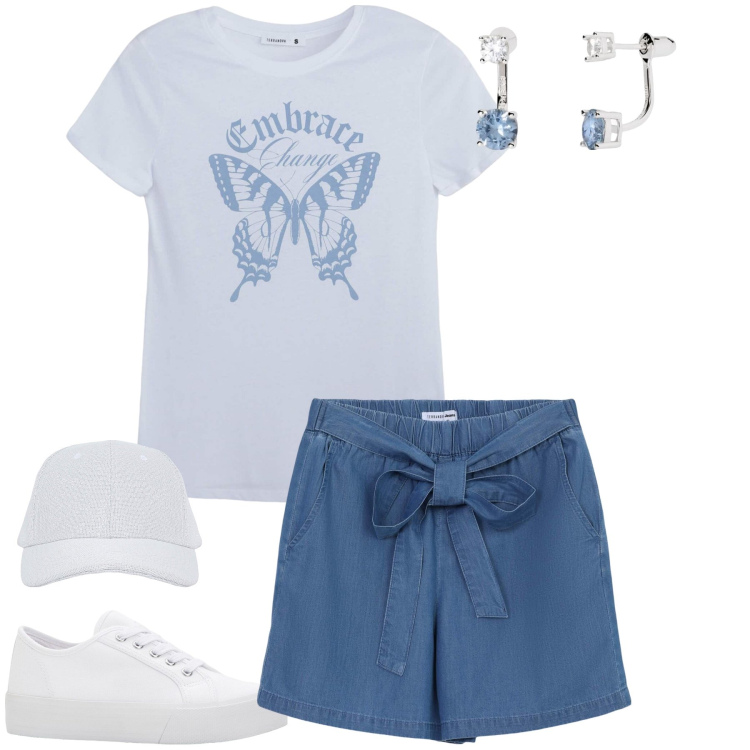Outfit donna - In gita. Stile Sporty chic per Tutti i giorni. Abbinamento con sneakers, shorts, t-shirt, cappelli con visiera, orecchini.