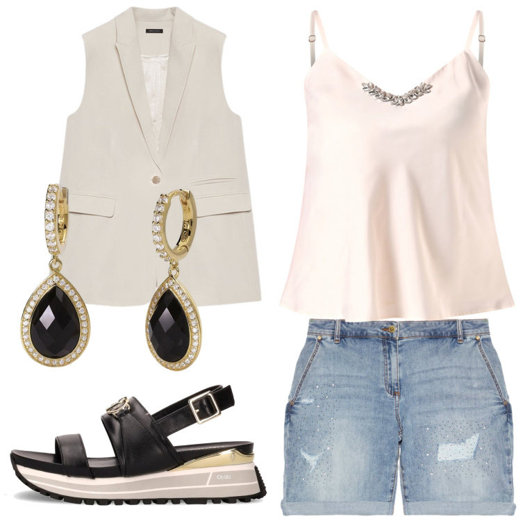 Outfit donna - Gilet senza maniche. Stile Casual chic per Tutti i giorni. Abbinamento con orecchini, canottiere, gilet, sandali, shorts.