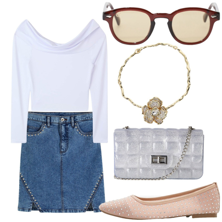 Outfit donna - Minigonna jeans. Stile Casual chic per Tutti i giorni. Abbinamento con minigonne, ballerine, t-shirt, borse a tracolla, occhiali da sole, collane.