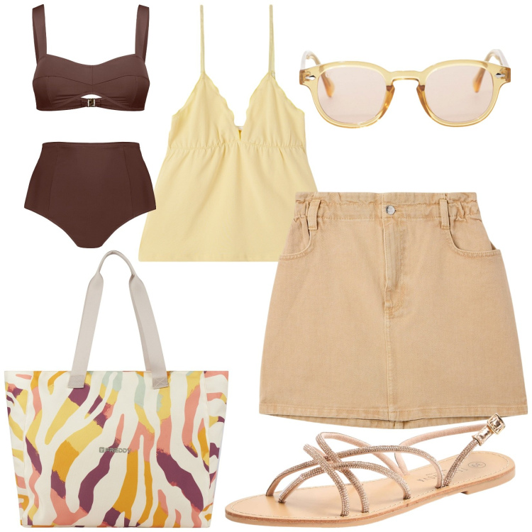 Outfit donna - Total look #2192088. Stile Casual per Mare. Abbinamento con minigonne, sandali, canottiere, occhiali da sole, shopping bag, bikini.