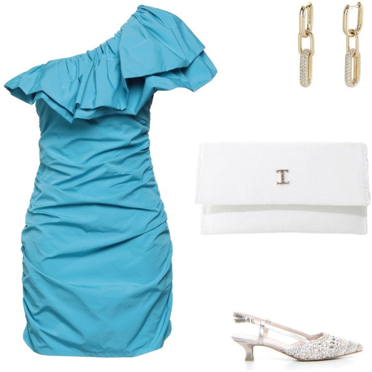 Outfit donna - Dance party. Stile Glamour per Serata fuori. Abbinamento con vestiti corti, orecchini, borse a tracolla, sandali col tacco.