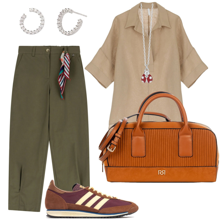 Outfit donna - Casual in città. Stile Casual per Tutti i giorni. Abbinamento con borse a mano, collane, orecchini, camicie a manica corta, pantaloni chino, sneakers.