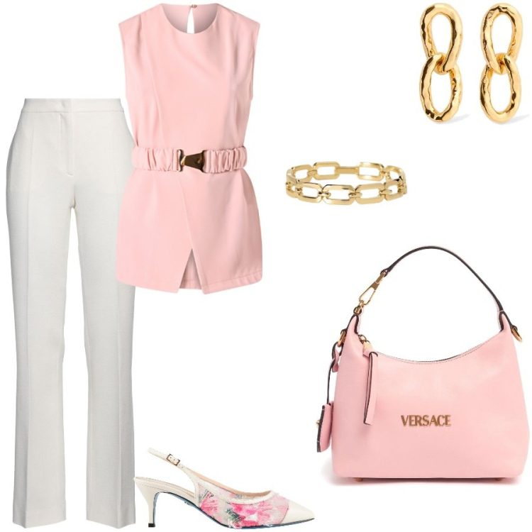 Outfit donna - Invitata battesimo/cresima. Stile Chic per Cerimonia. Abbinamento con pantaloni, décolleté, braccialetti, bluse, orecchini, borse a mano.