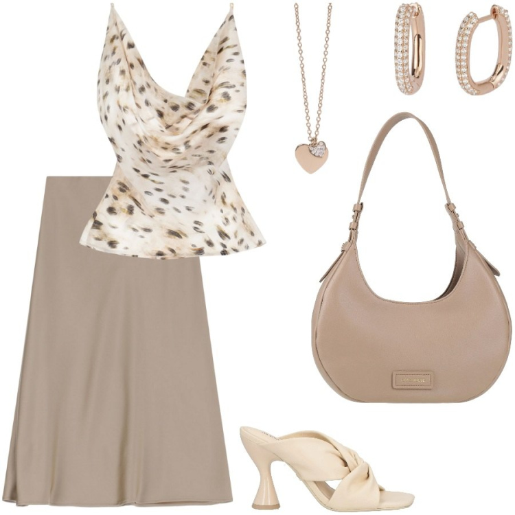Outfit donna - Outfit versatile. Stile Chic per Serata fuori. Abbinamento con borse a spalla, sandali in pelle, orecchini, ciondoli, top, gonne longuette.