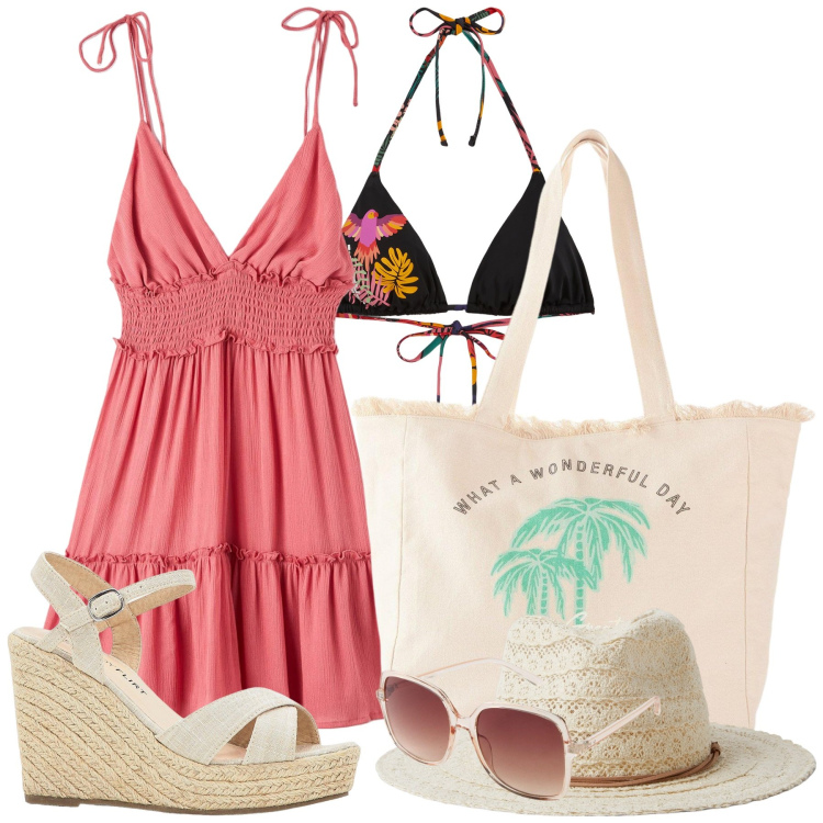 Outfit donna - Total look #2192118. Stile Boho per Mare. Abbinamento con sandali, occhiali da sole, shopping bag, vestiti corti, cappelli, bikini.